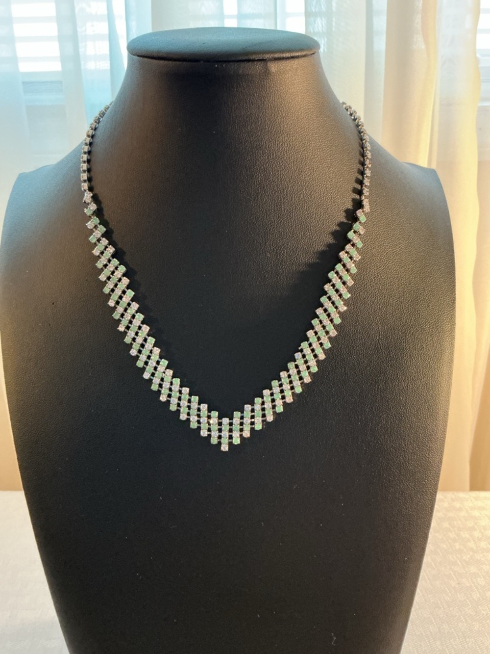 Pale Green Rhinestone Silver Tone Bib Necklace